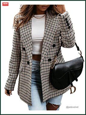 Elegant Plaid Check Blazer Double Breasted Slim Fit Suit Jacket